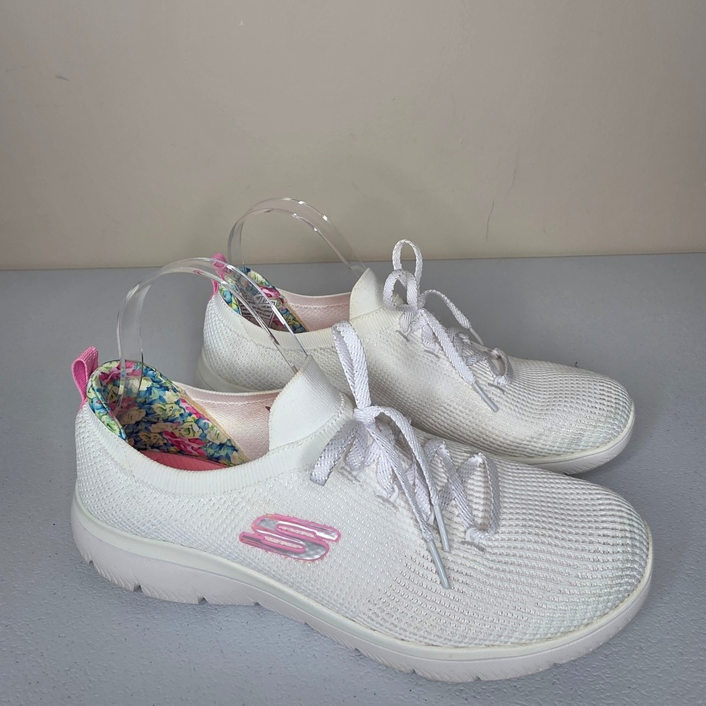 Skechers Stretch Fit Sneakers Women 10 White Pink Floral Memory Foam 149499W
